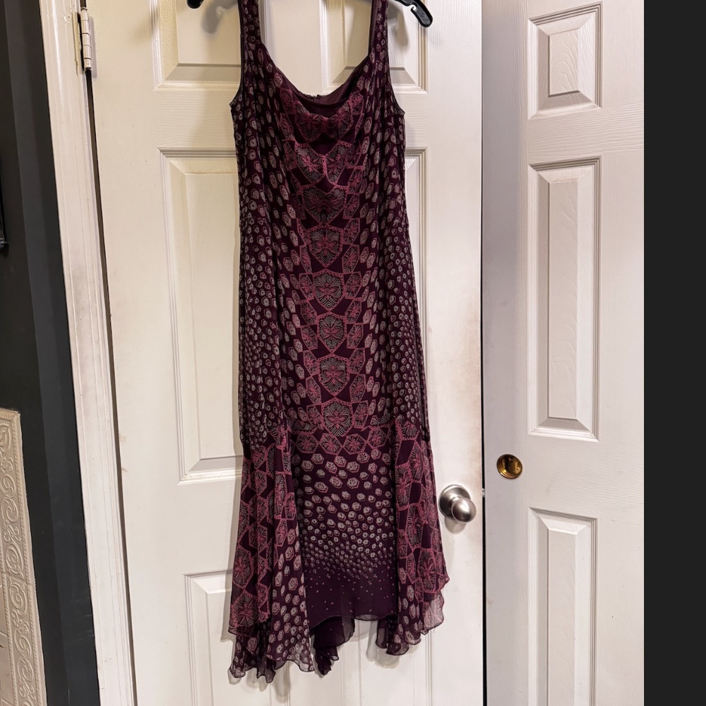 Aubergine Kaleidoscope Pattern Sheer Silk Dress Over Solid Aubergine Silk lining
